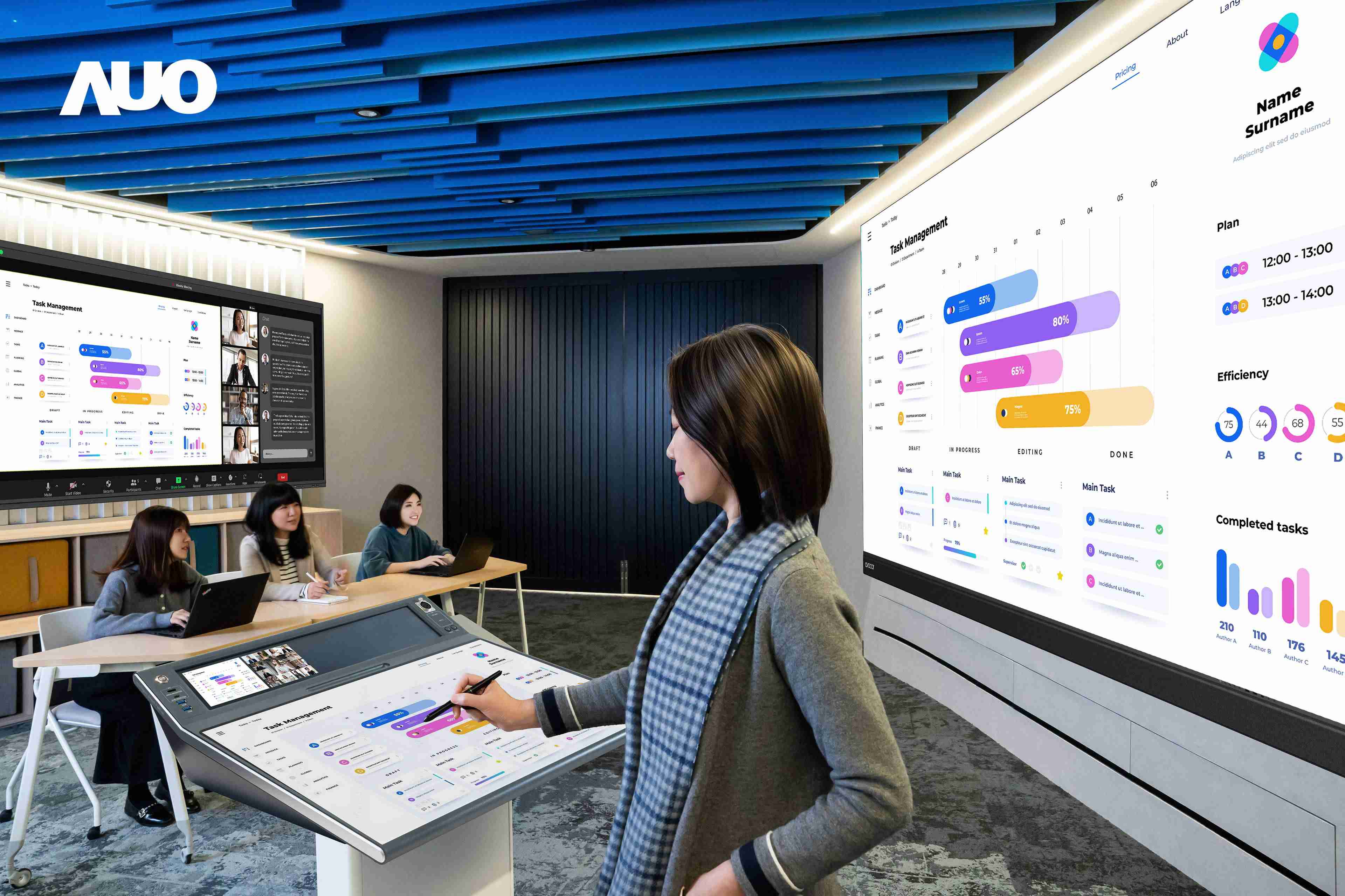 达擎携手Avocor与Rise Vision展示全方位商务领域应用，，包含采用模块化设计的138吋一体式All-in-One LED显示器及具21:9超宽比例的92吋交互式电子白板（IFPD），，，，讲者可轻松分享内容，，，有效提升会议协作效率。。。。